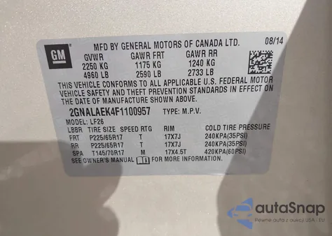 2015 Chevrolet Equinox Ls из США, поврежденный, VIN 2GNALAEK4F1100957